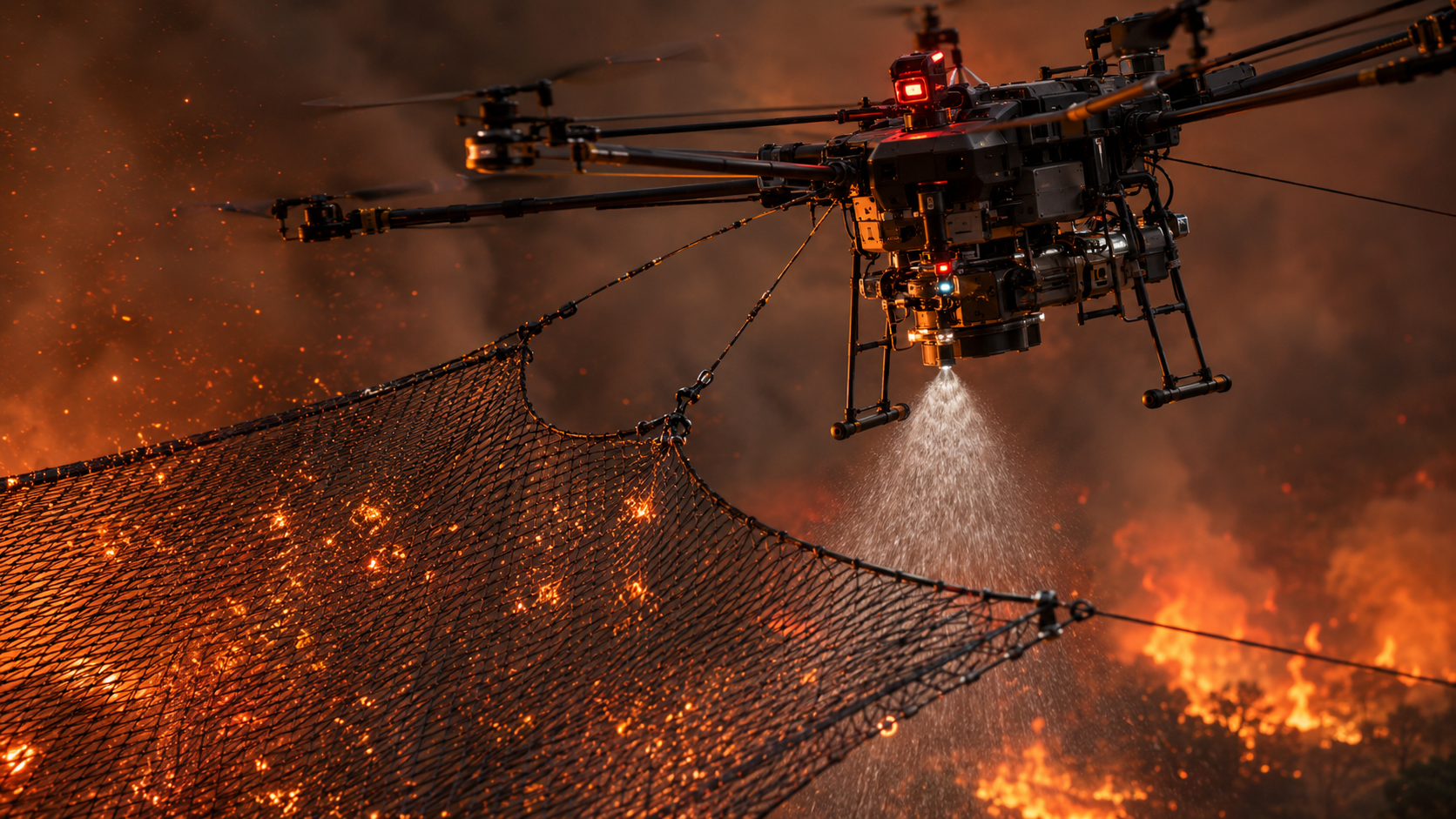 Close-up of drone spraying captured embers at fire-resistant net