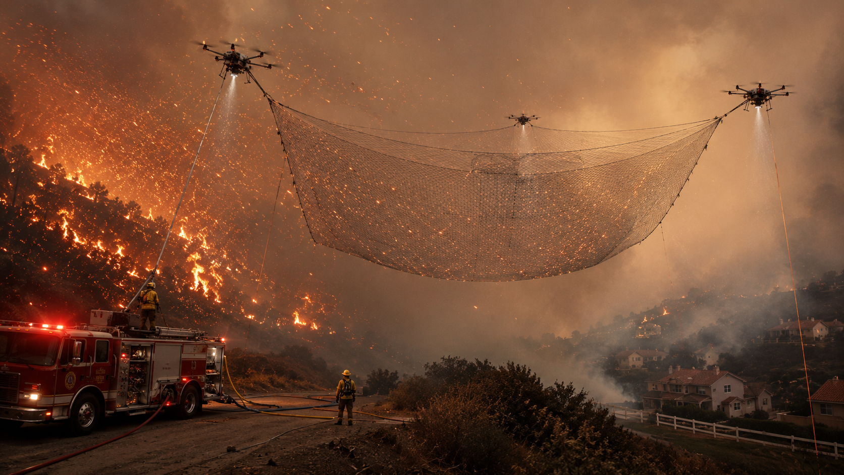 Fire truck tethered drone ember net deployment