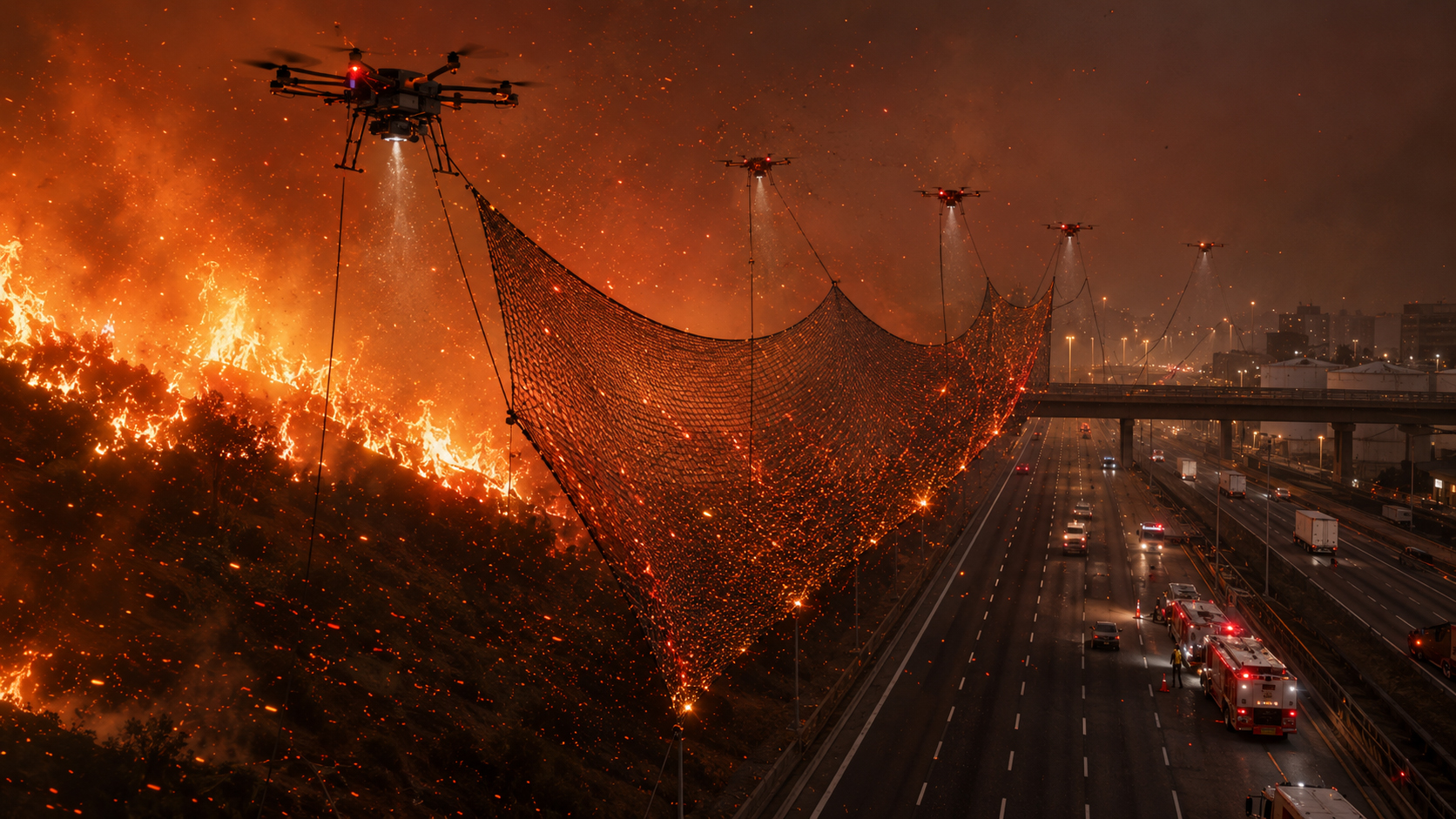 Drone ember net system protecting freeway firebreak from wildfire embers