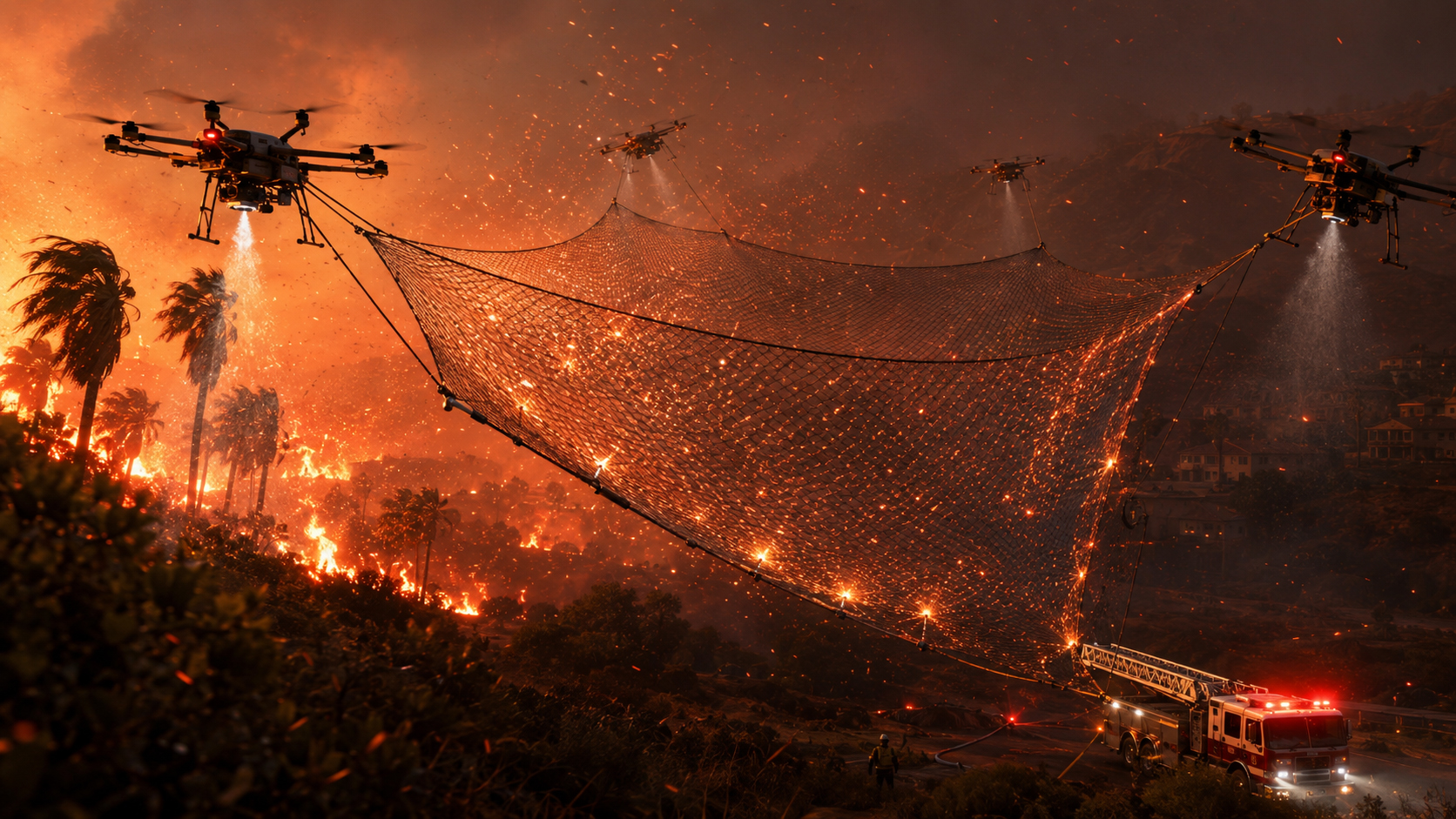 Firenetting drones deploying fire-resistant netting to intercept wildfire embers