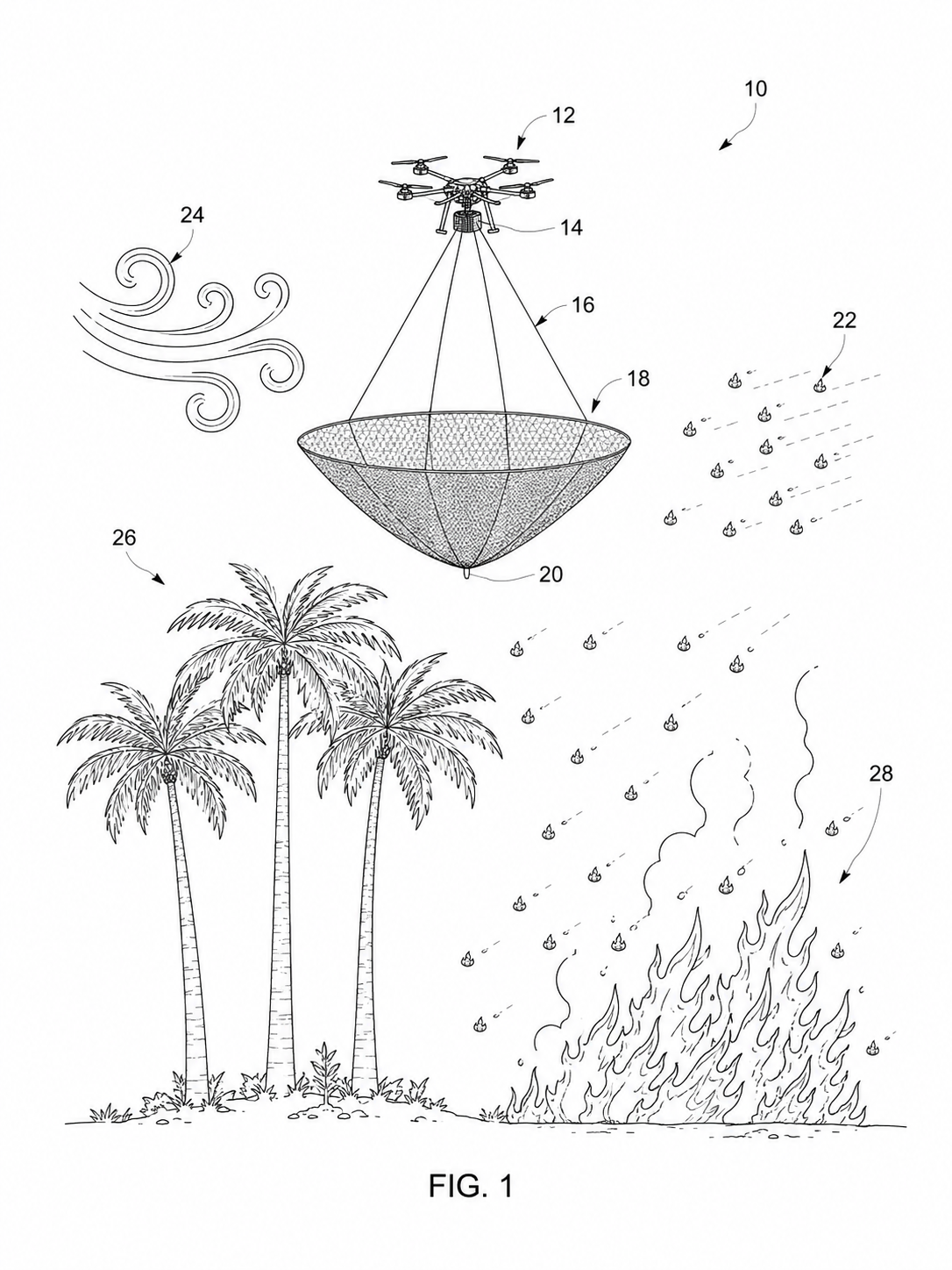 Patent-style single UAV parachute net catching wildfire embers