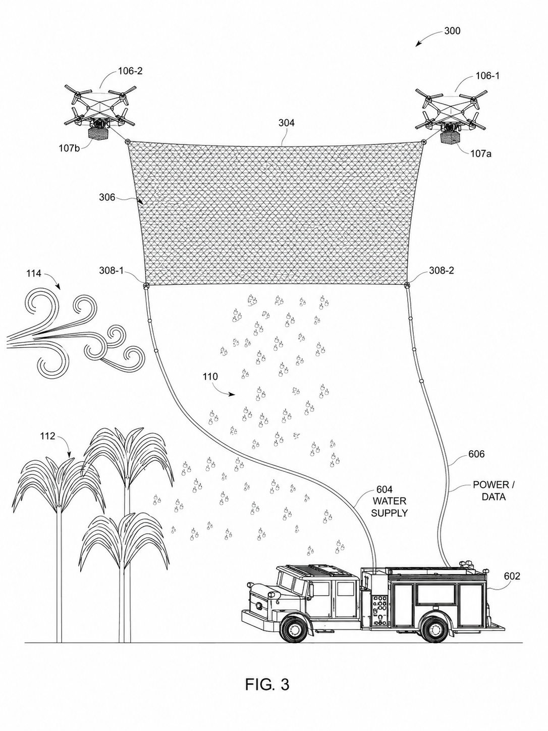Patent-style fire truck power water two UAV net system