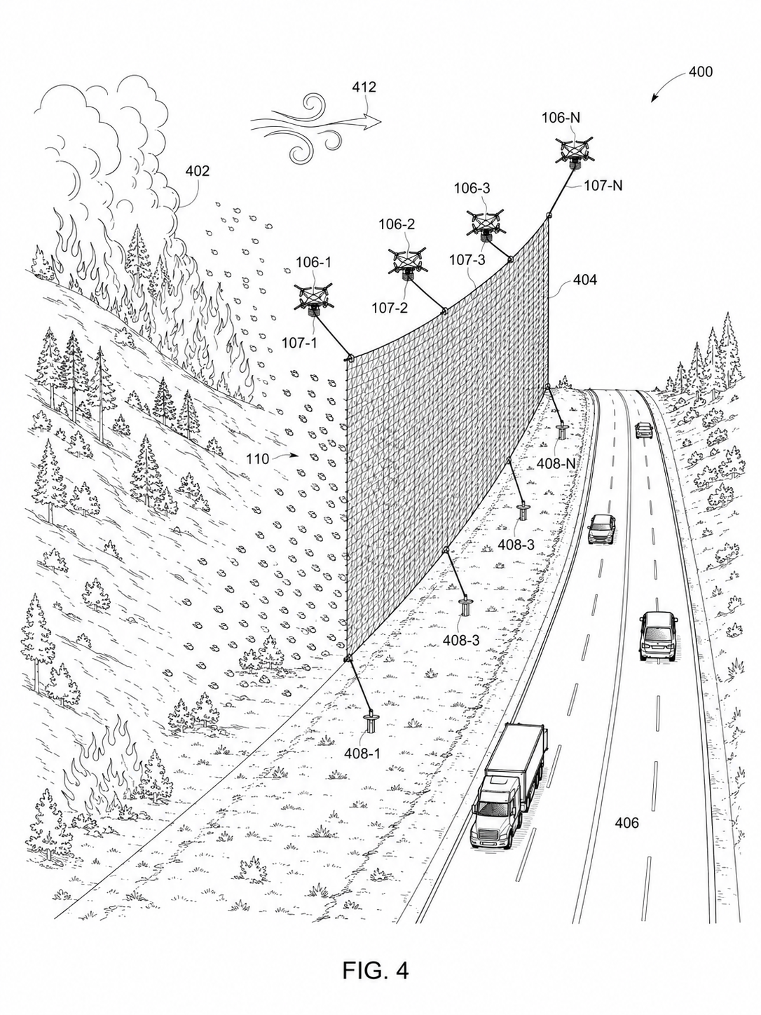 Patent-style highway barrier multi UAV net
