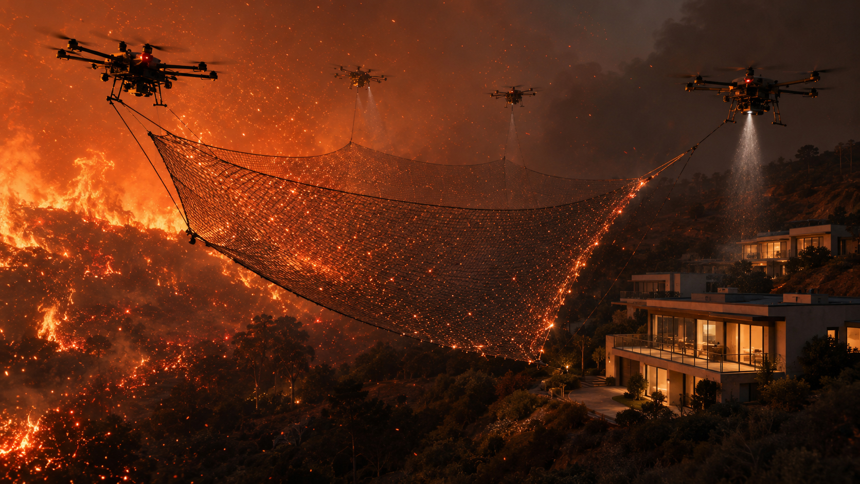 Drone-controlled ember net protecting hillside property from wildfire embers